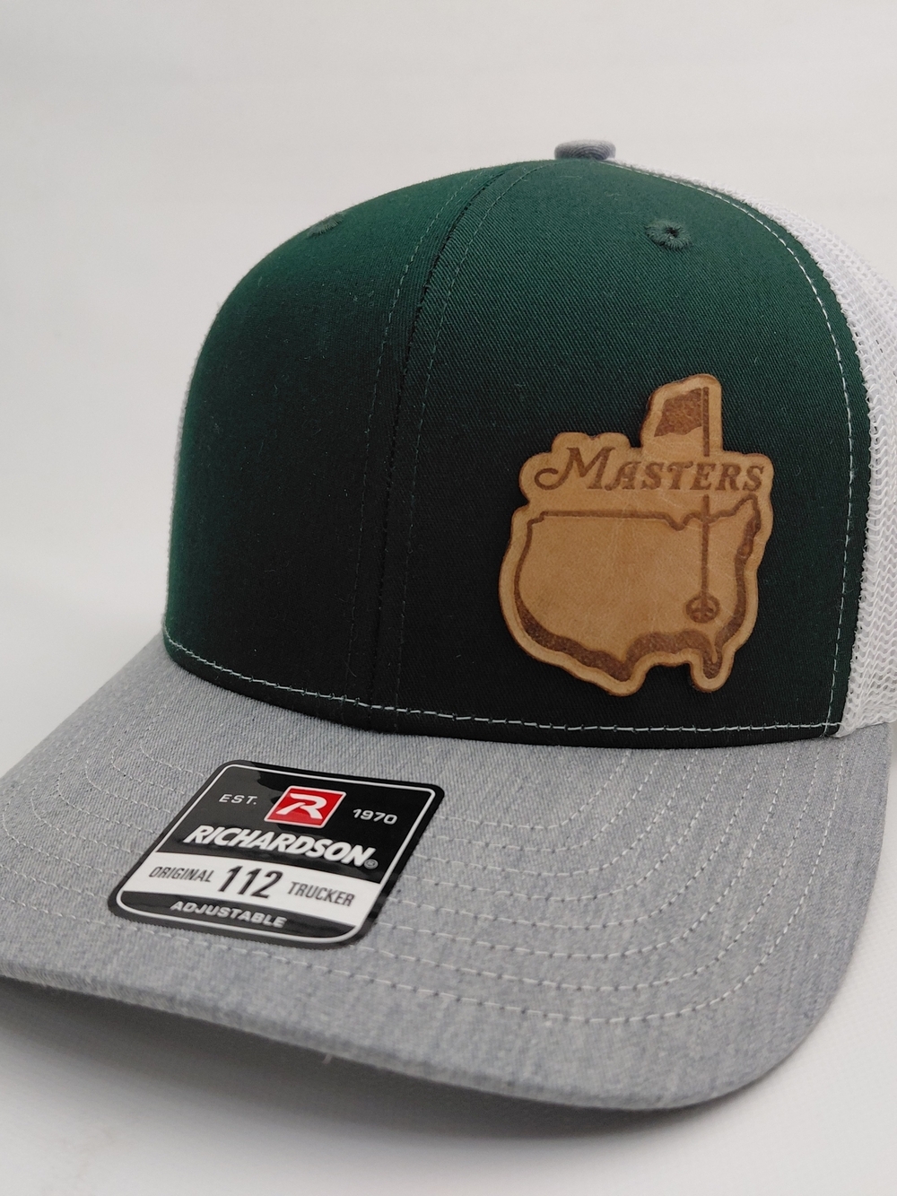 Richardson Trucker Hat with Masters Leather Patch - Dark Green & Gray